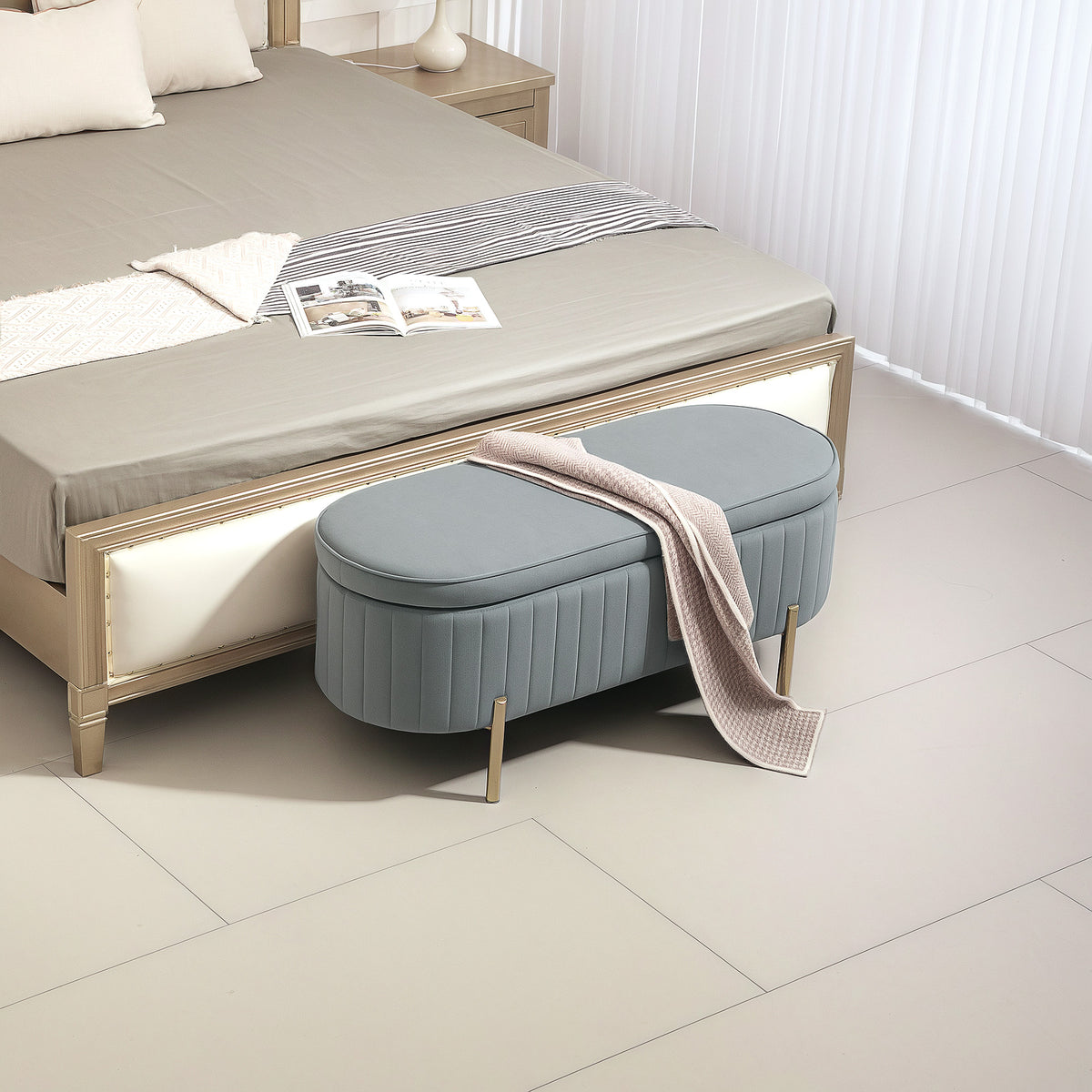 Channel Tufted Upholstered Bedroom Bench, Grey
