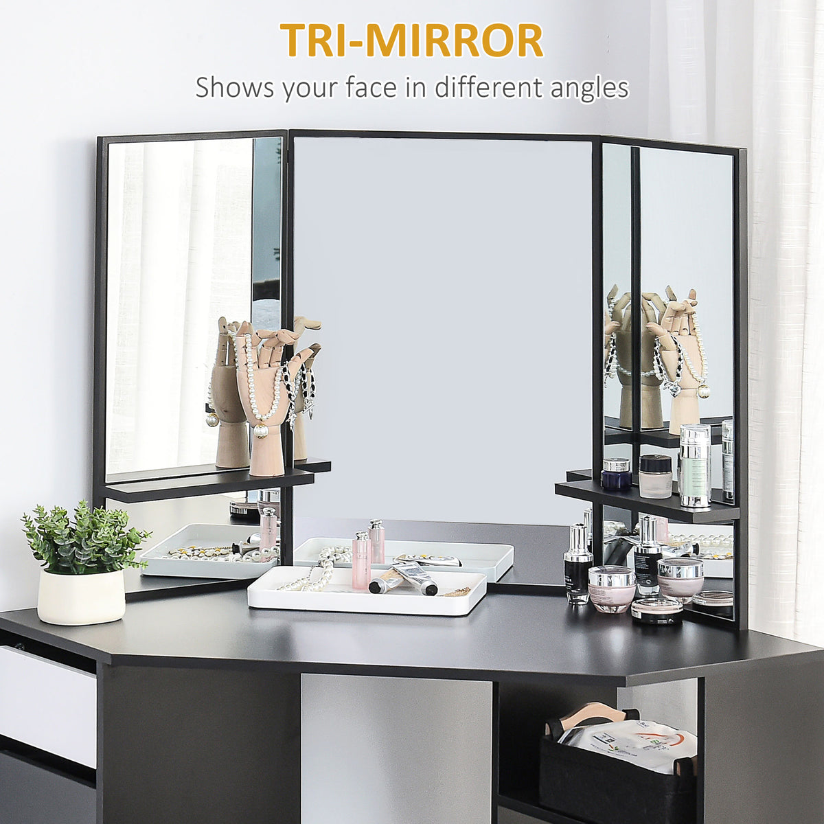 Corner Makeup Vanity Desk with 3-Piece Mirror, Black