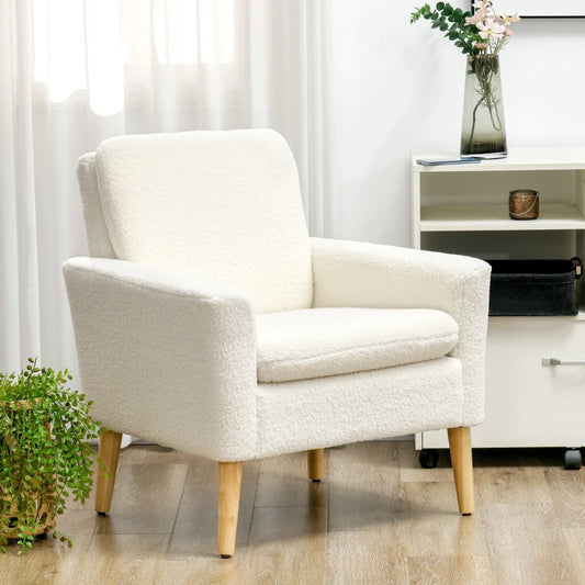 Fabric Accent Chair, Modern Upholstered Armchair with Wood Legs, Cream White