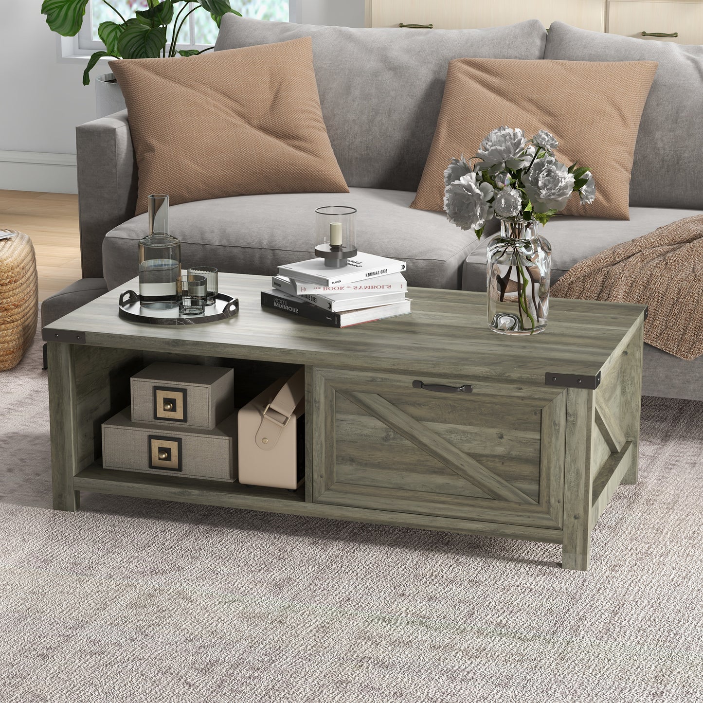 Lift-Top Coffee Table with Hidden Storage and Shelf, Grey