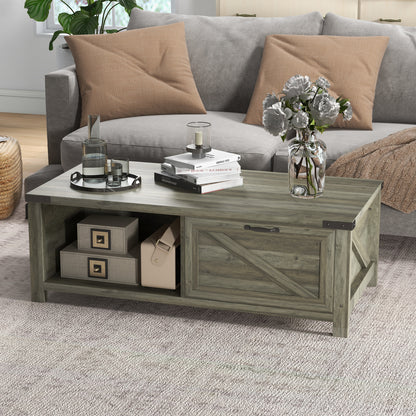 Lift-Top Coffee Table with Hidden Storage and Shelf, Grey