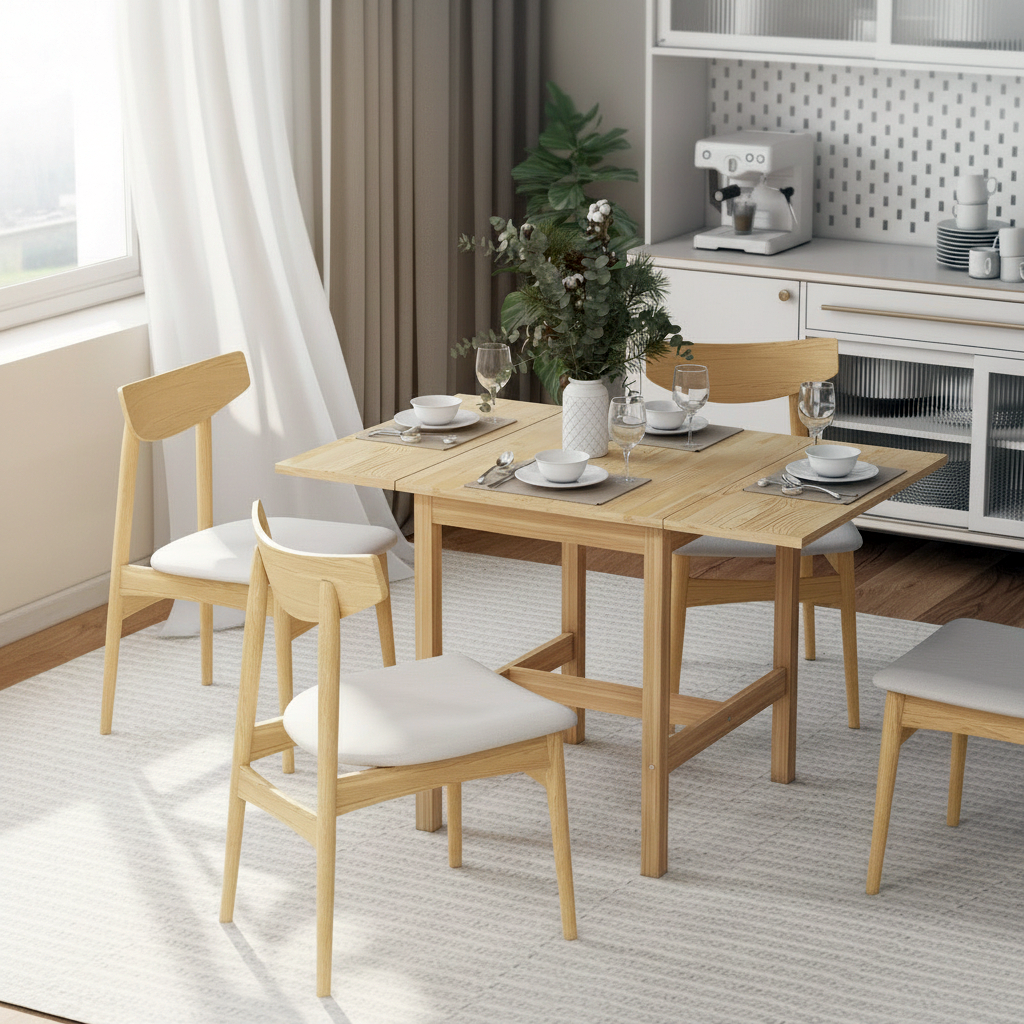 Solid Wood Drop-Leaf Dining Table, Natural Wood