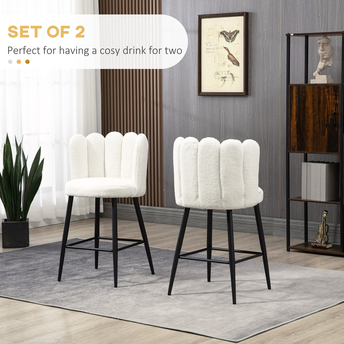 Counter-Height Bar Stools with Backrest, Cream White (Set of 2)