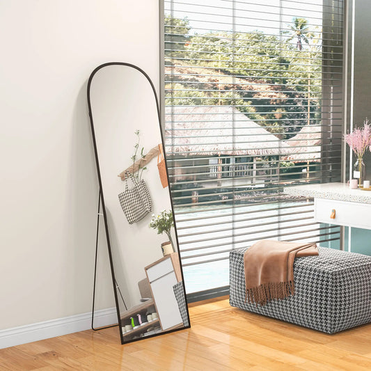 Arched Full Length Mirror with Black Frame, 64" x 20", Versatile Standing or Wall Mount