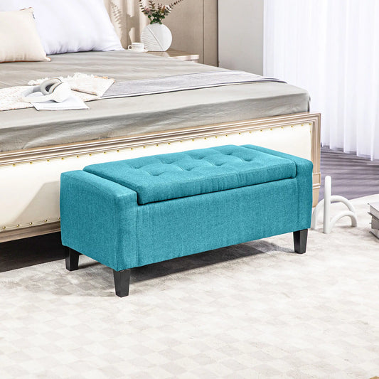 Linen Upholstered Storage Ottoman Bench with Tufted Design, Green