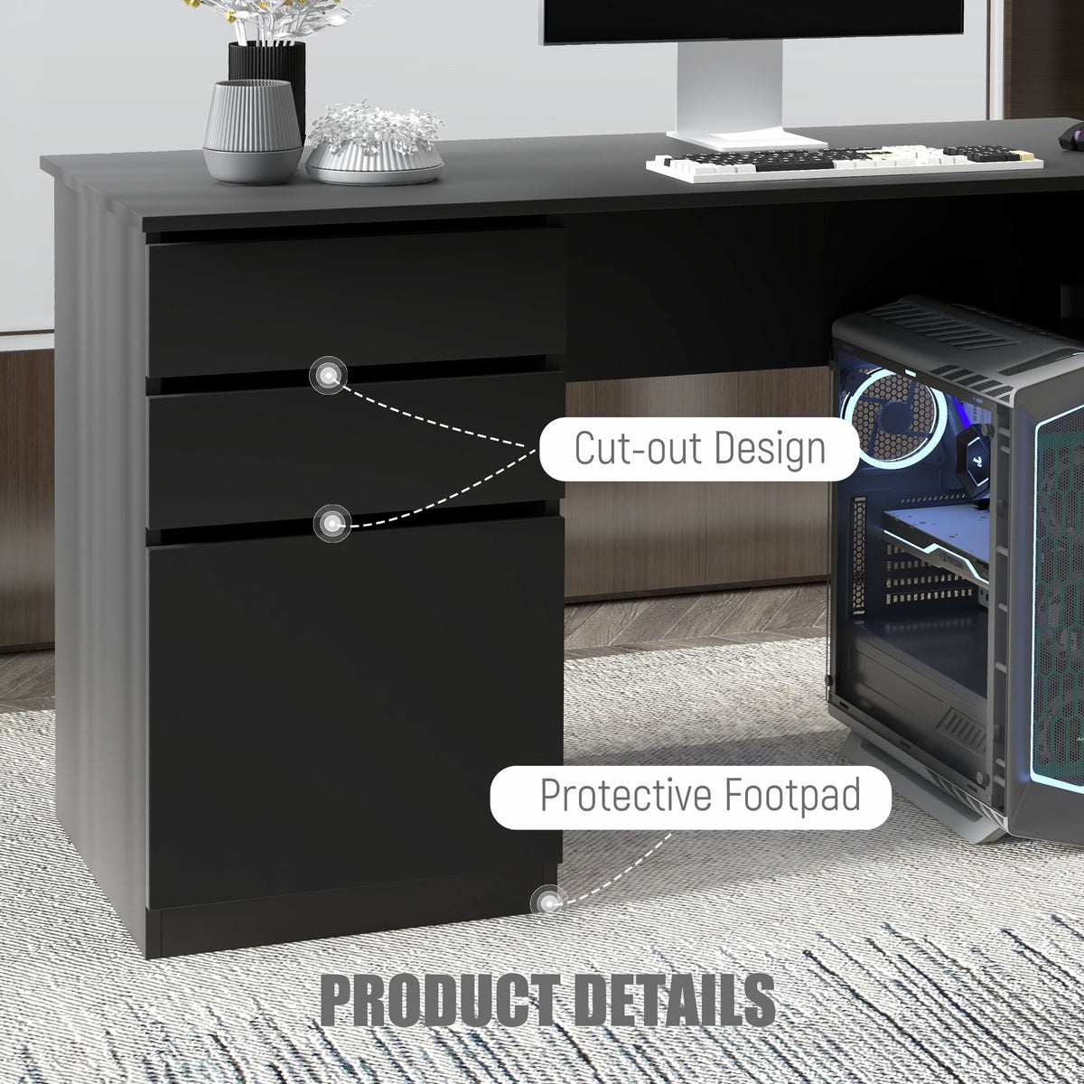 Computer Desk with Drawers and Storage Cabinet, Black