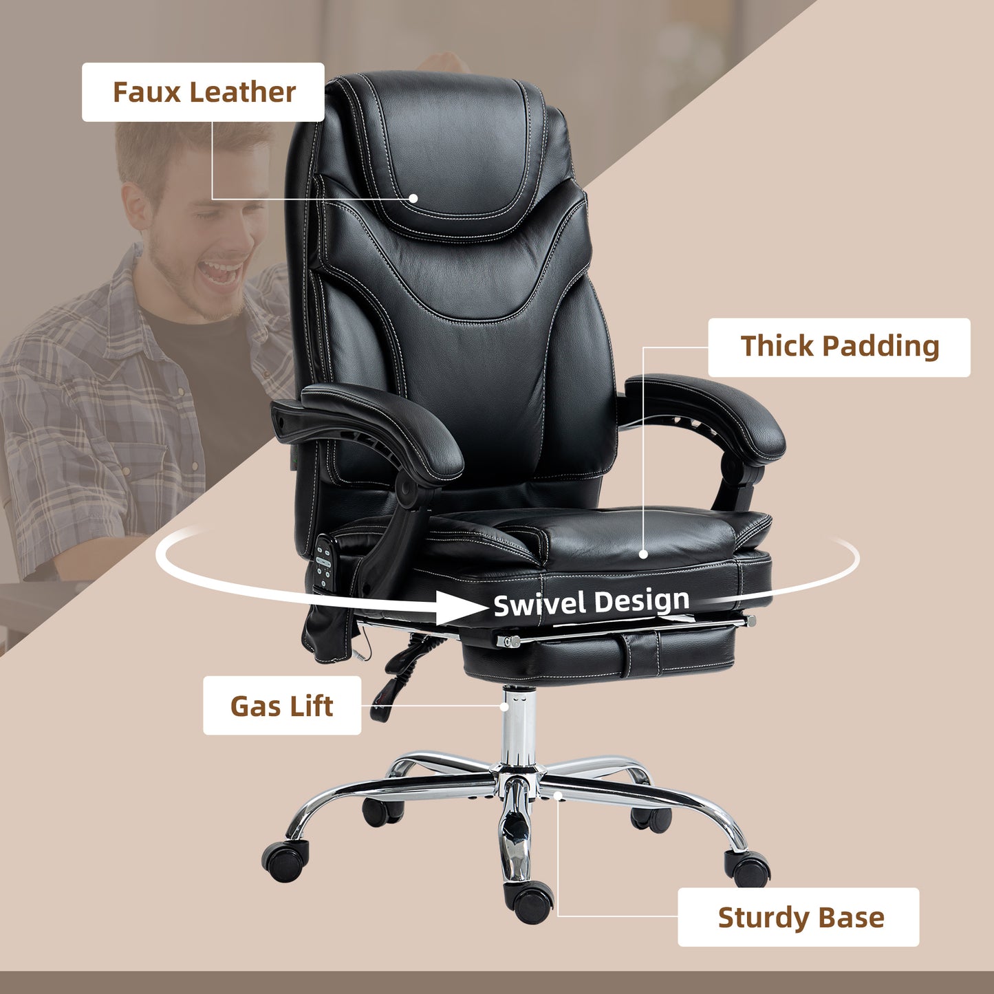 6-Point Vibration Massage Office Chair with Heating and Footrest, Black