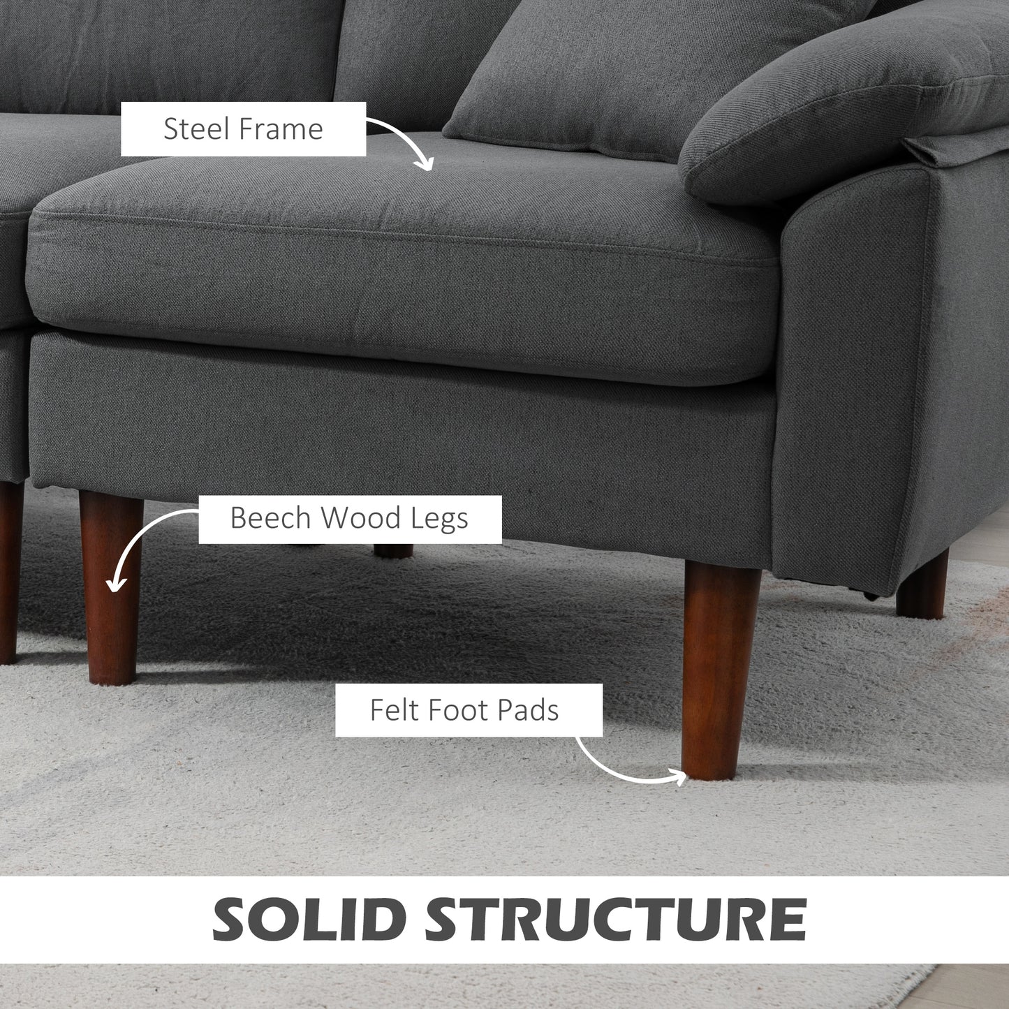 L-Shaped Sectional Sofa with Reversible Chaise and Pillows, Dark Grey