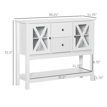 39" Modern Sideboard with X-Design Glass Doors and Storage, White