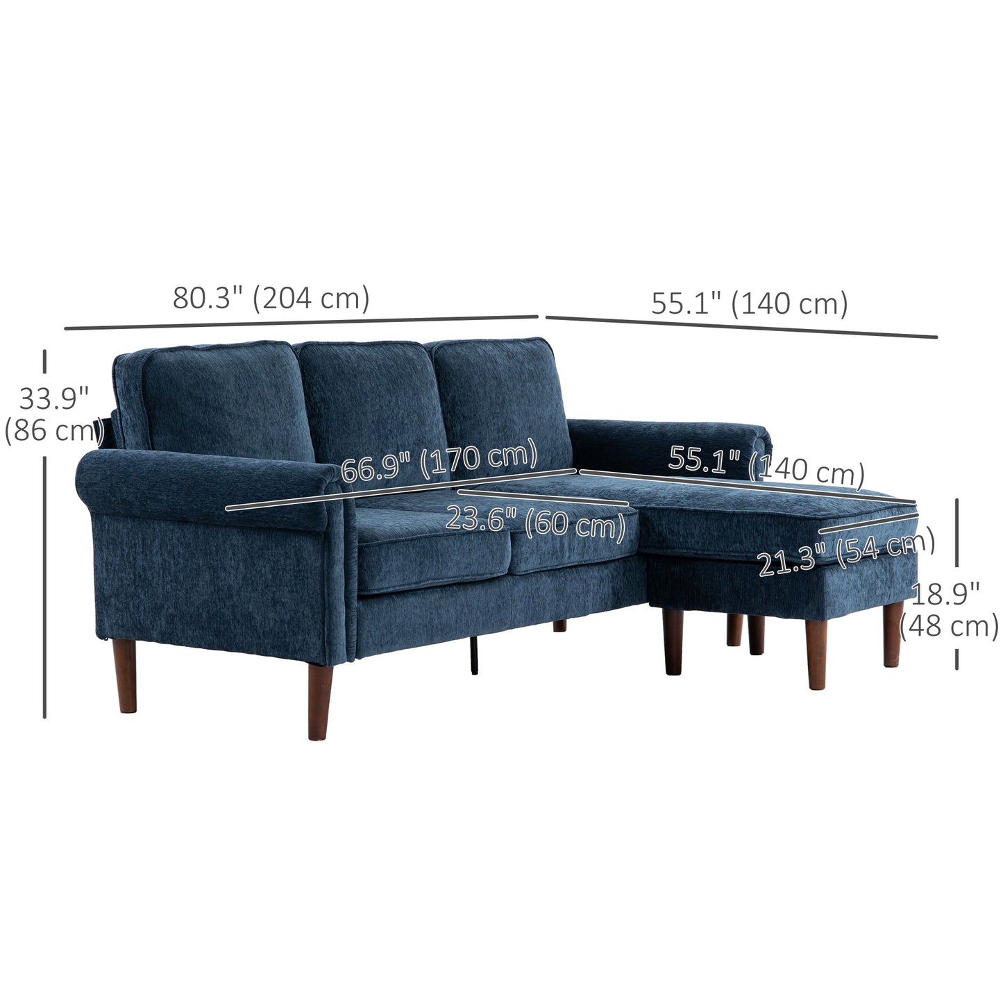 L-Shaped Sectional Sofa with Reversible Chaise Lounge, Dark Blue