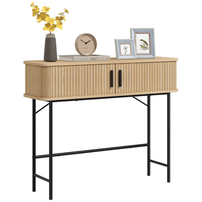 39" Mid-Century Console Table with Sliding Tambour Doors, Oak and Black