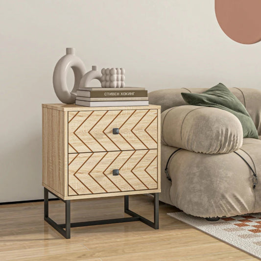 Modern Nightstand with Zig-Zag Design and 2 Drawers, Natural Wood