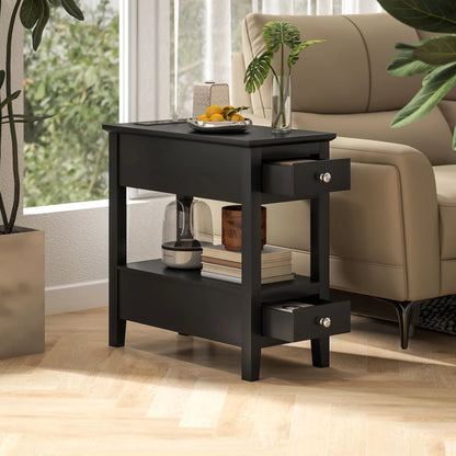 Narrow Side Table with Built-in Charging Station and USB Ports, Black