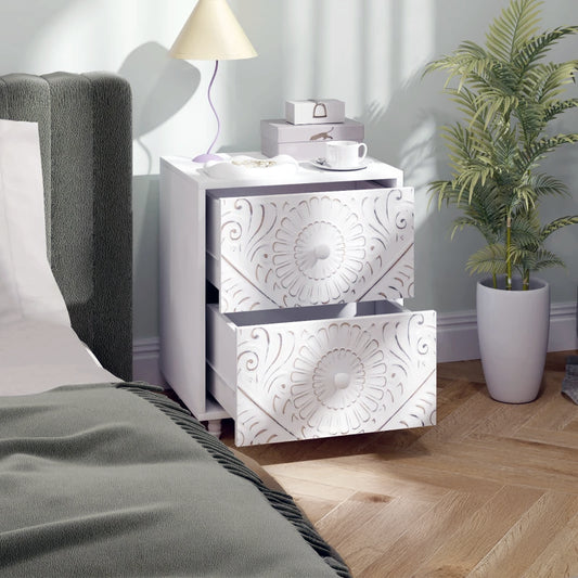 Mid-Century Nightstand with Unique Carved Details and 2 Drawers, White