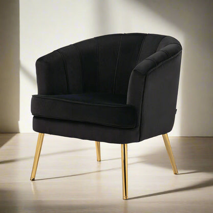 Channel-Tufted Tub Armchair with Velvet Upholstery and Gold Legs, Black