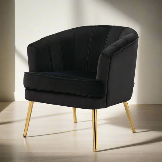 Channel-Tufted Tub Armchair with Velvet Upholstery and Gold Legs, Black