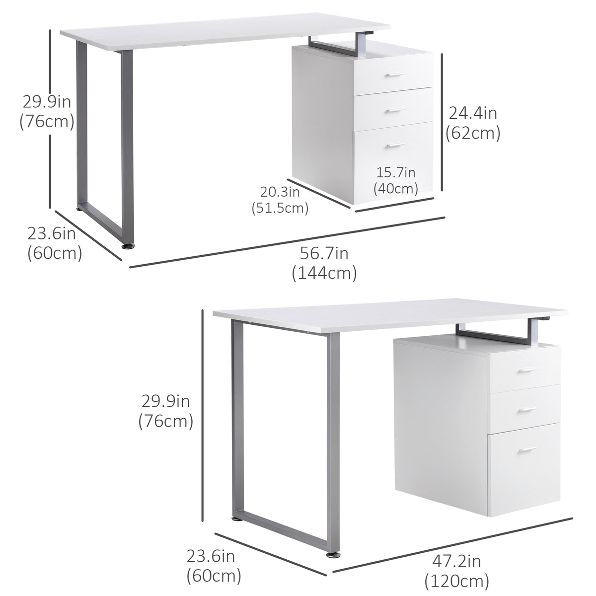47" Computer Desk with Reversible 3-Drawer Cabinet, White