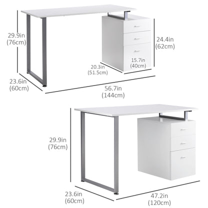 47" Computer Desk with Reversible 3-Drawer Cabinet, White