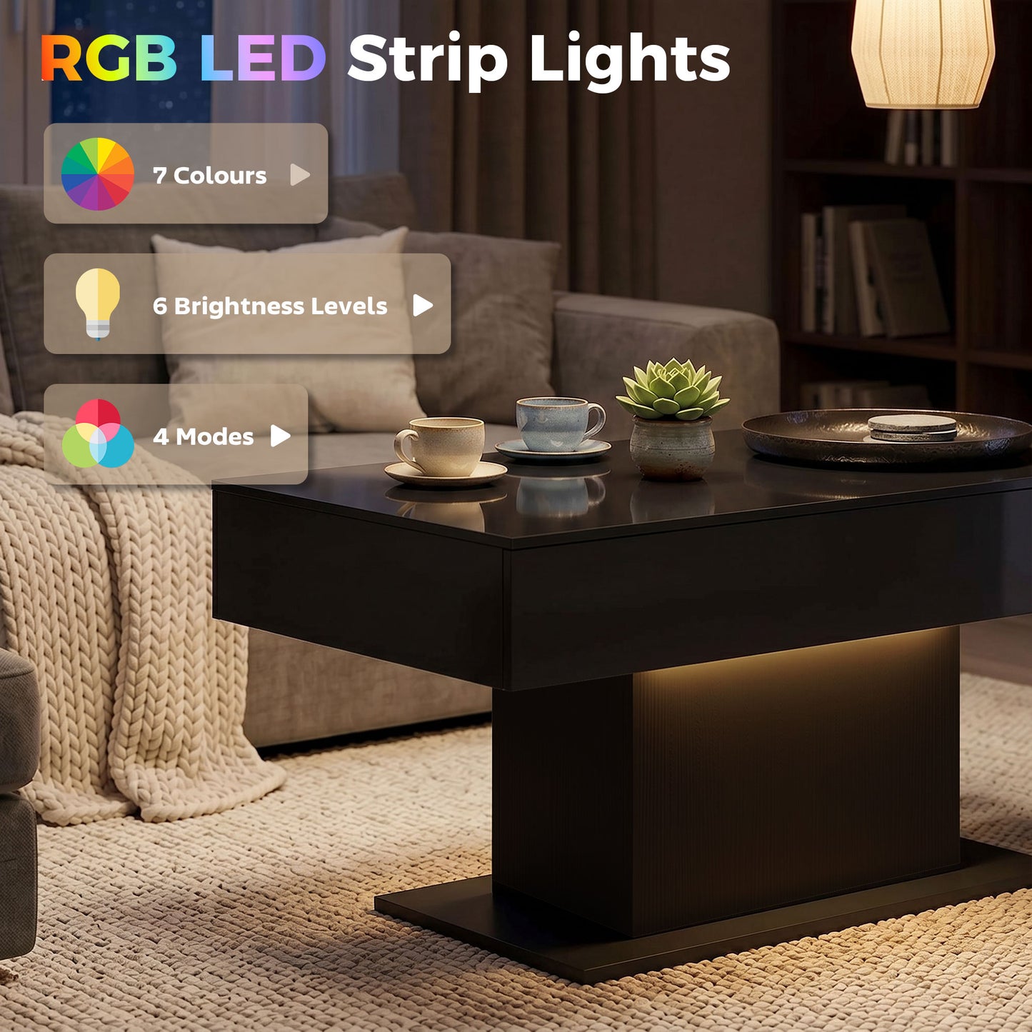 High Gloss LED Coffee Table with Storage, Black