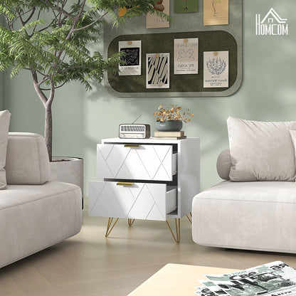 Modern Bedside Table with Gold Hairpin Legs and 2 Drawers, White