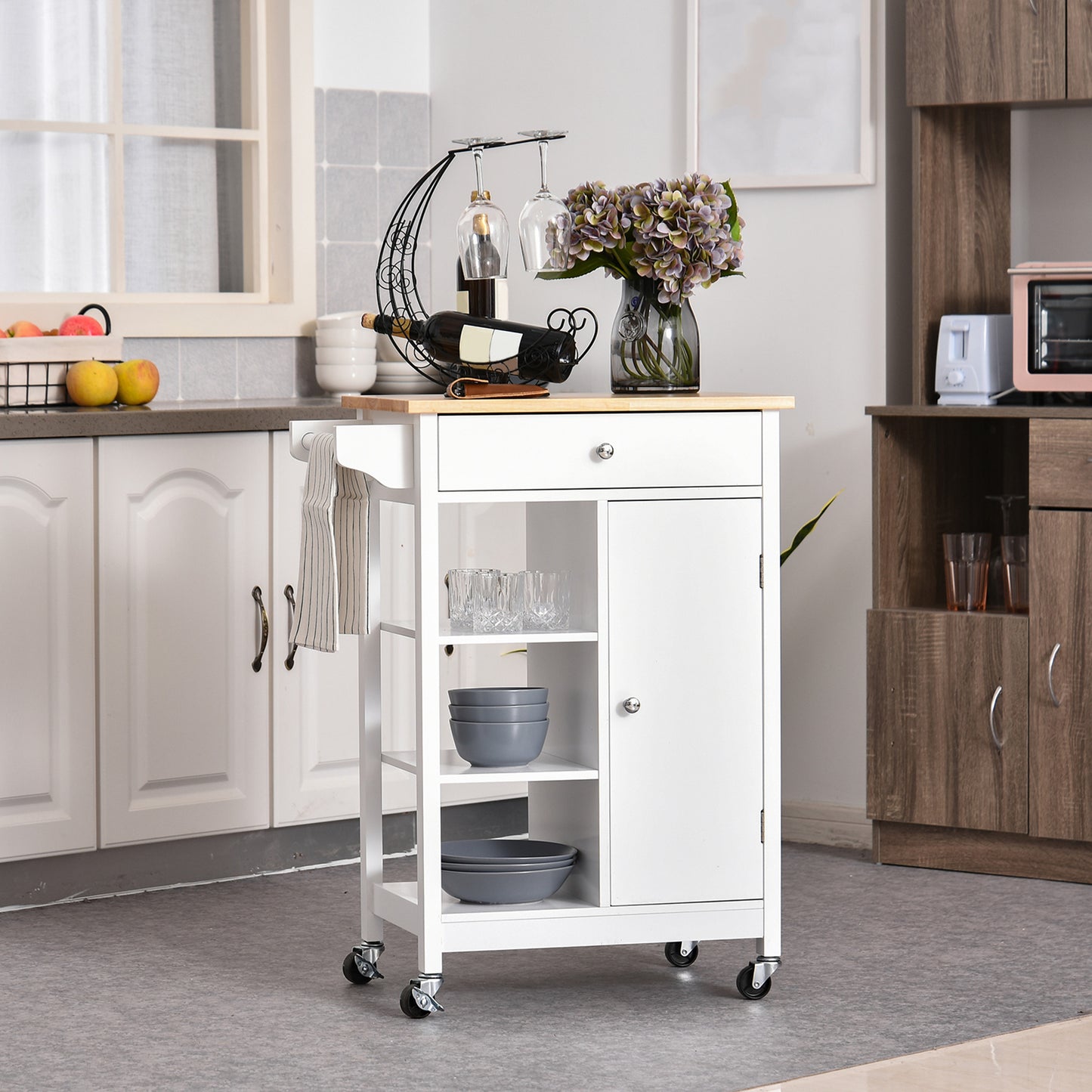 Modern Rolling Kitchen Island Cart with Natural Wood Top