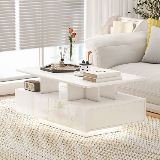 RGB LED Coffee Table with 4 Drawers, High Gloss White