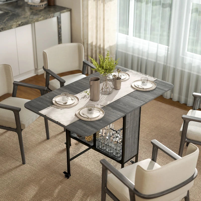 Folding Dining Table with Storage Shelf and 6 Wheels - Distressed Gray