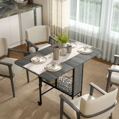 Folding Dining Table with Storage Shelf and 6 Wheels - Distressed Gray