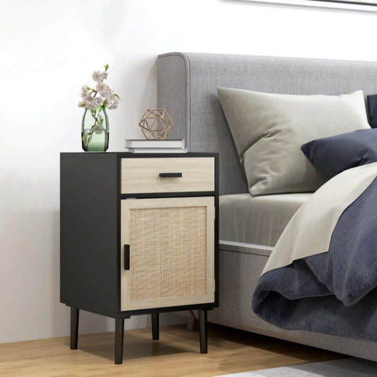Boho Nightstands with Rattan Cabinet and Adjustable Shelf, Black (Set of 2)