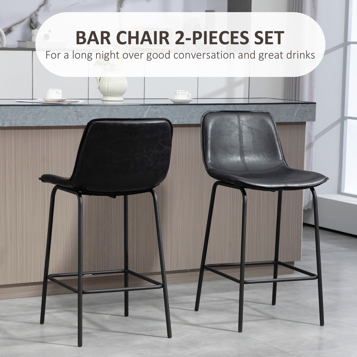 Counter-Height Bar Stools with Upholstered Seat and Metal Legs, Black (Set of 2)