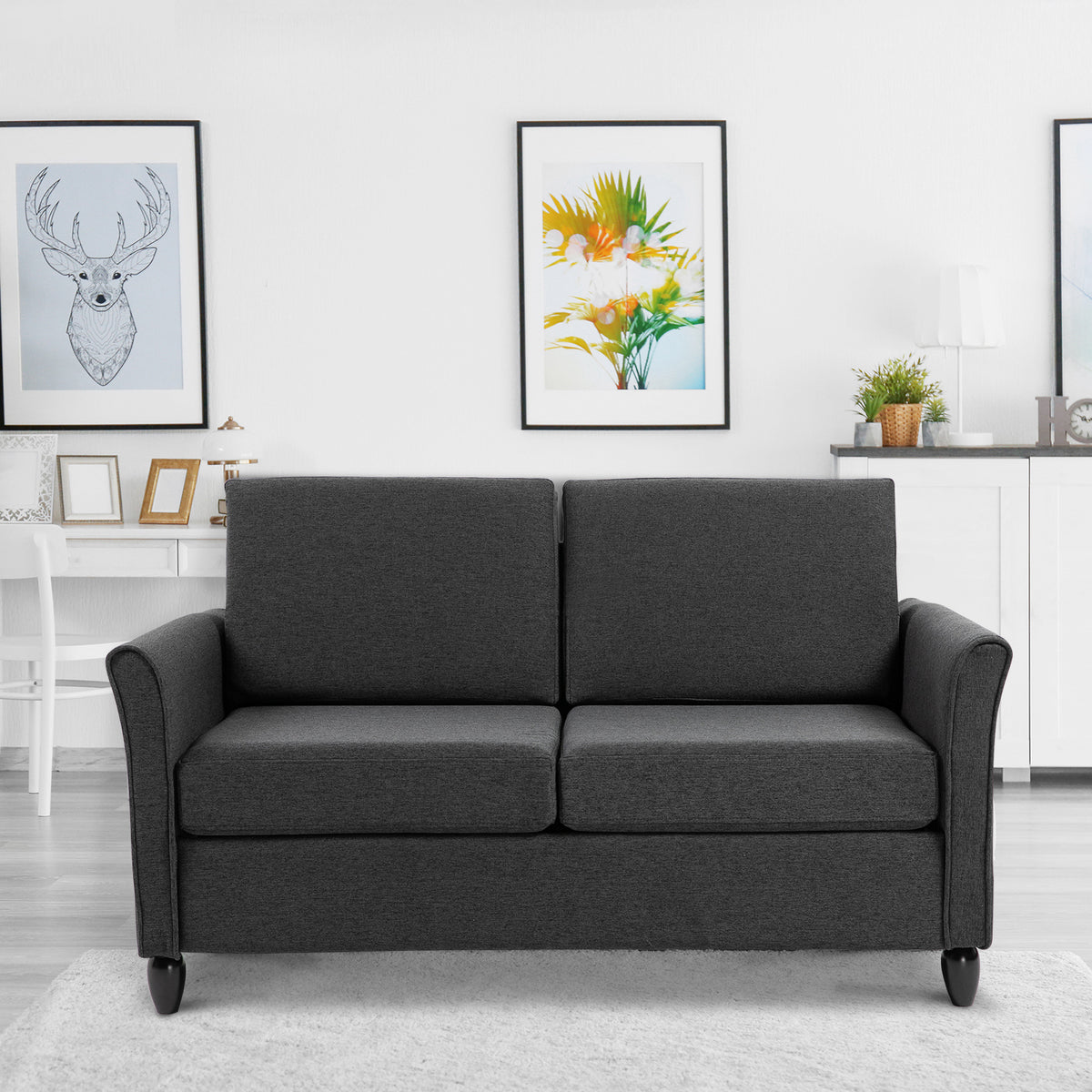 55" Upholstered Double Sofa with Wood Legs, Dark Grey