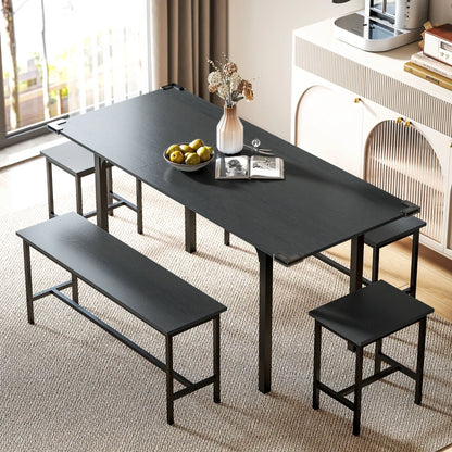 5-Piece Extendable Dining Set with Benches and Stools - Black