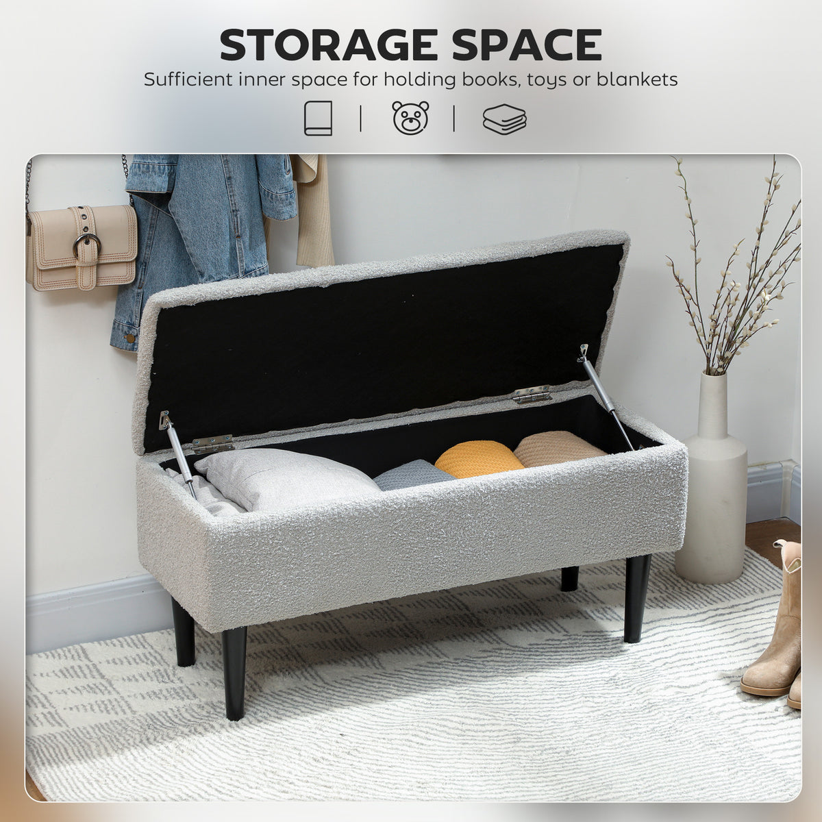 Lambs-Wool-Style Teddy Velvet Storage Ottoman Bench, Grey - view 3