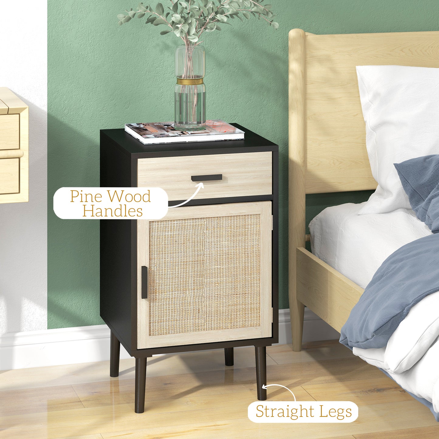 Boho Nightstands with Rattan Cabinet and Adjustable Shelf, Black (Set of 2)