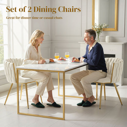 Upholstered Dining Chairs with Woven Backrest, Cream White (Set of 2)