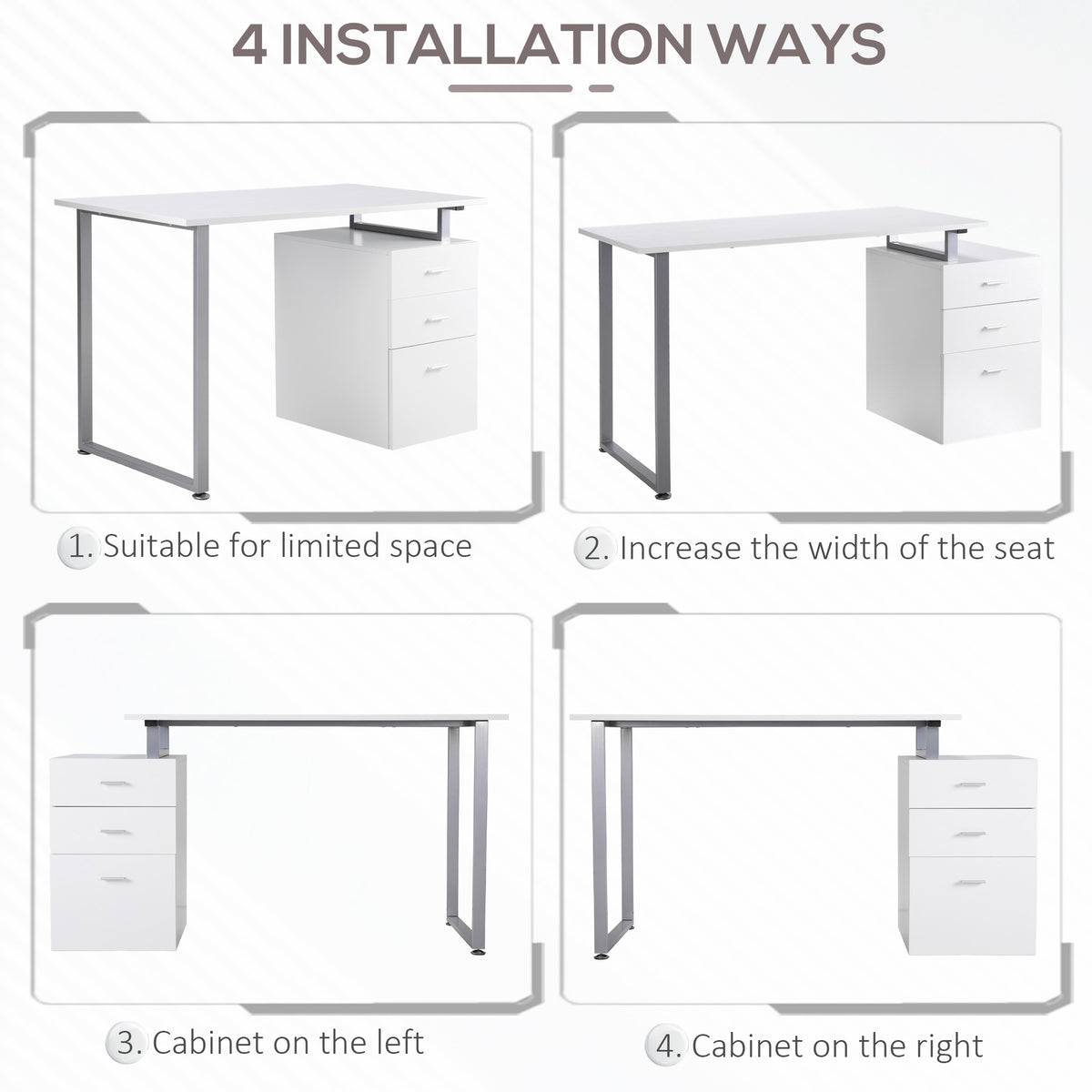 47" Computer Desk with Reversible 3-Drawer Cabinet, White