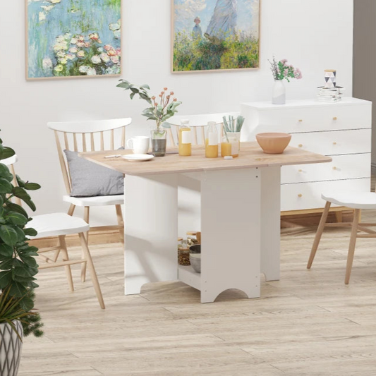 Foldable Drop-Leaf Dining Table with Storage Shelf, Oak and White