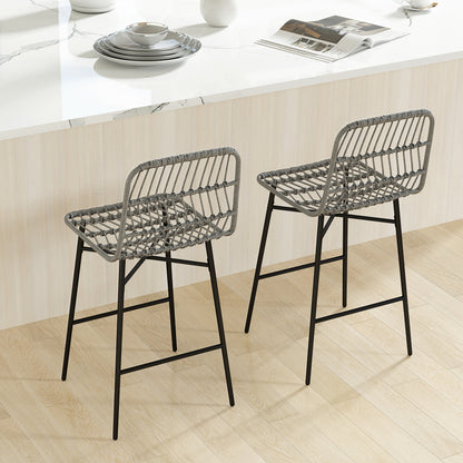 Counter-Height Bar Stools with Rattan Seat and Back, Grey (Set of 2)