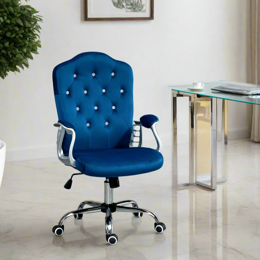 Velvet Swivel Office Chair with Button Tufted Design and Adjustable Height, Dark Blue