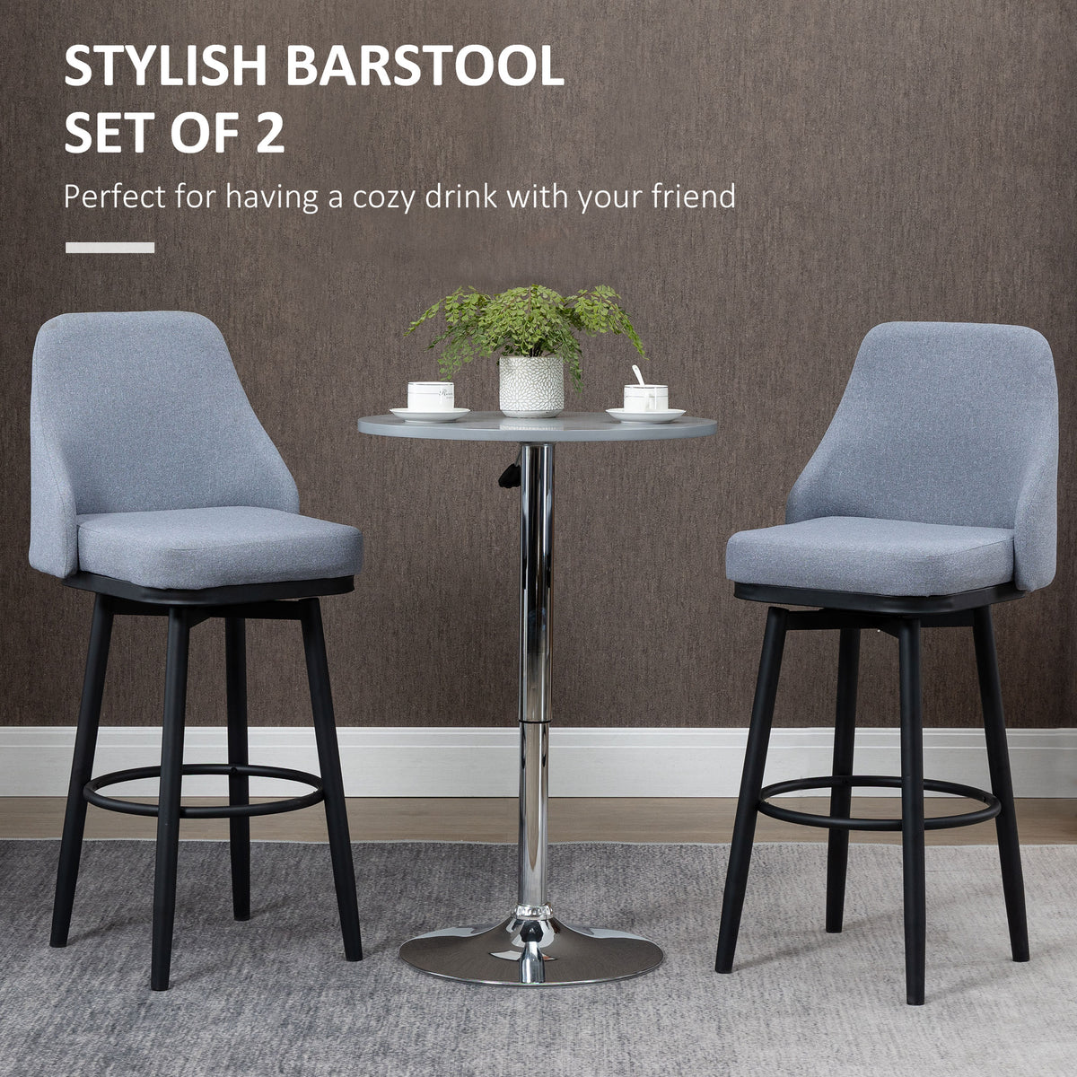 Bar Stools with Metal Legs and Footrest, Light Grey (Set of 2)