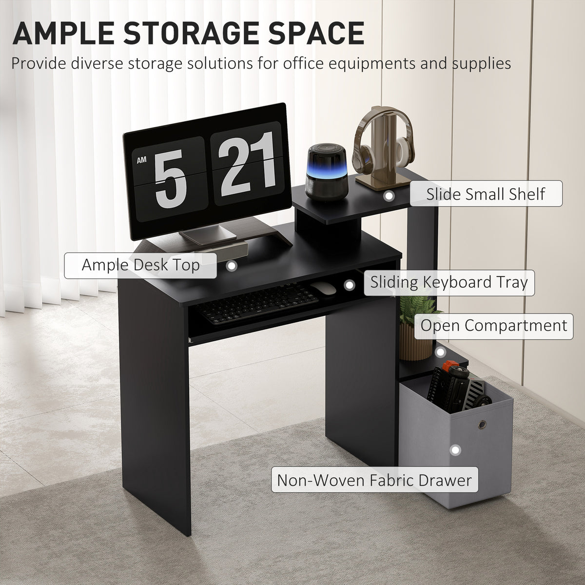 Computer Desk with Keyboard Tray, Drawer and Shelf, Black