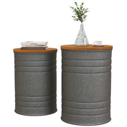 Round Nesting Side Tables with Hidden Storage and Wooden Lids, Gray (Set of 2)