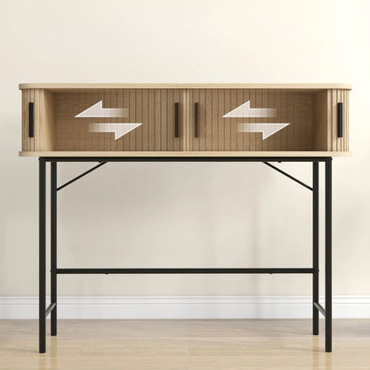 39" Mid-Century Console Table with Sliding Tambour Doors, Oak and Black