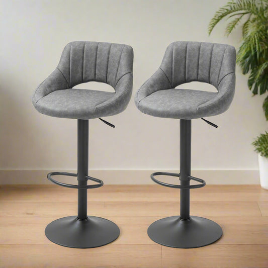 Adjustable Height Swivel Bar Stools with Faux Leather Upholstery, Grey (Set of 2)