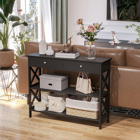39" Console Table with X-Frame Design and Storage Drawers, Black