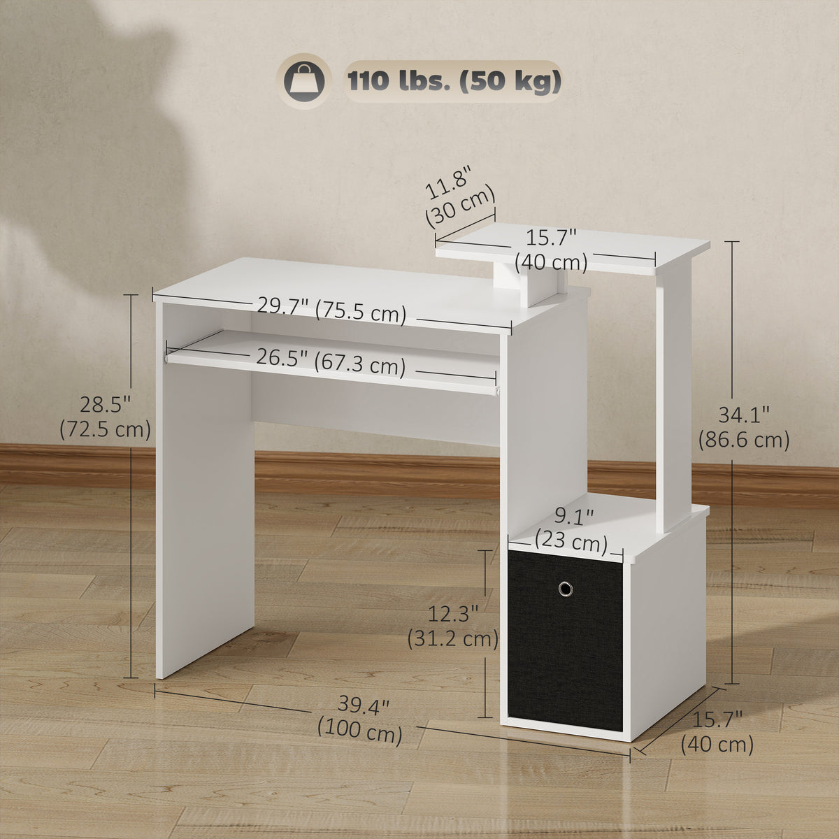 39" Computer Desk with Keyboard Tray, Drawer and Shelf, White