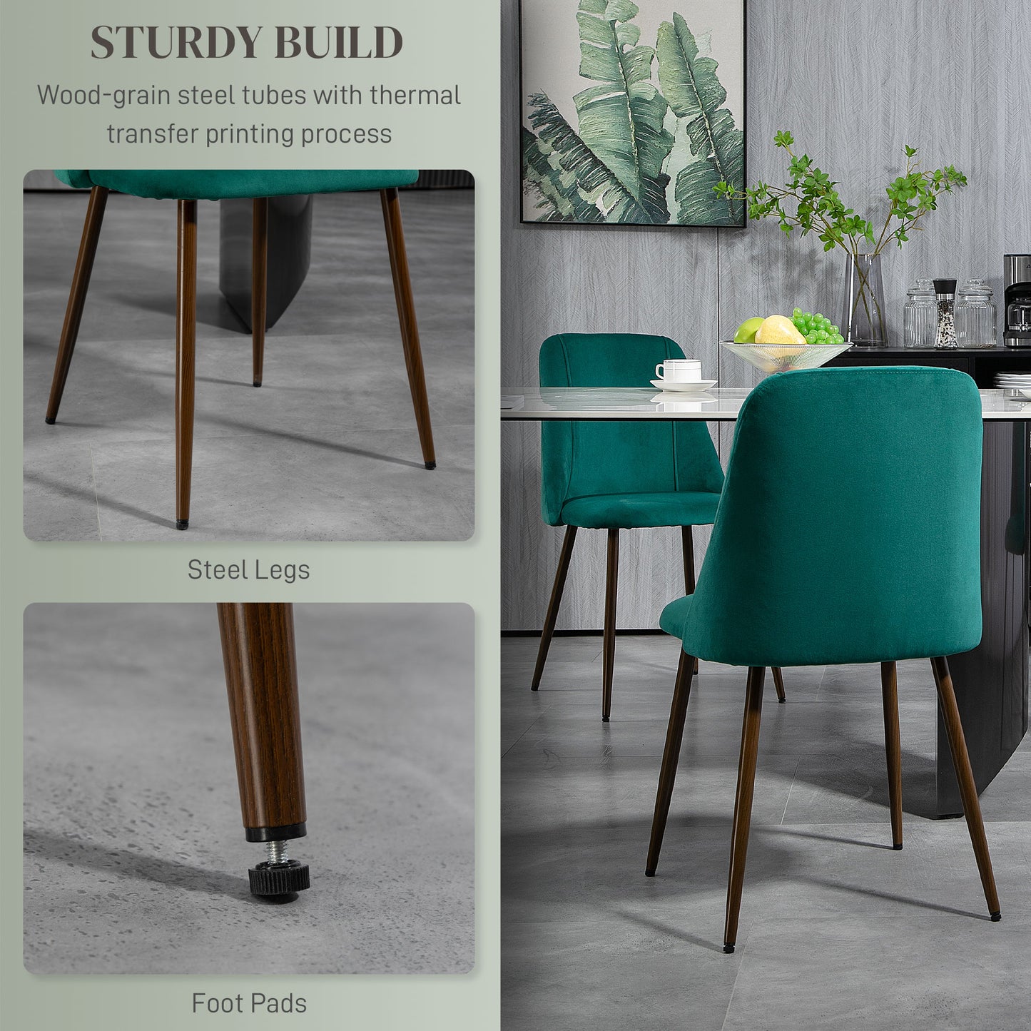 Velvet Accent Dining Chairs with Wood Grain Steel Legs, Green (Set of 4)