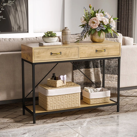 39" Vintage Console Table with Industrial Frame and Storage, Brown
