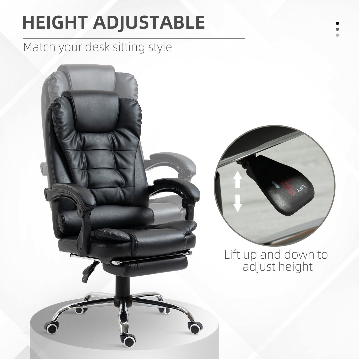 High Back PU Leather Executive Office Chair with Retractable Footrest, Black