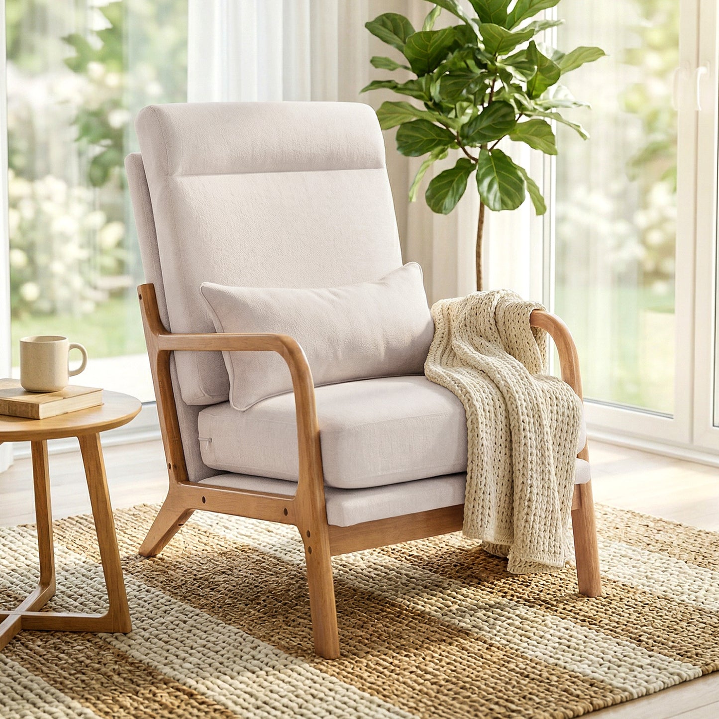 Upholstered Accent Chair with Wood Legs, Cream White